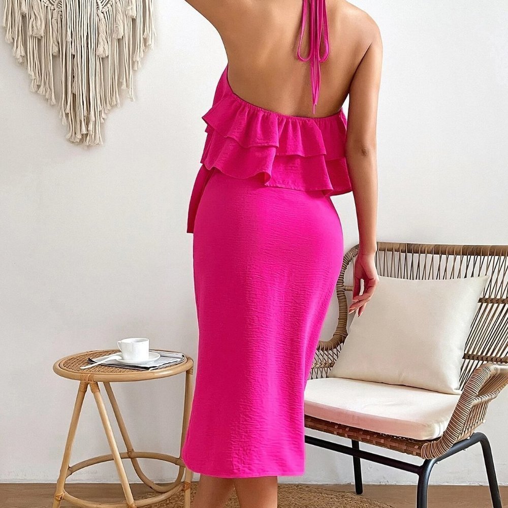 Pink Boho WomensSolid Tie Backless Ruffle Trim Halter Top & Wrap Knot Side Skirt - Picture 3 of 5